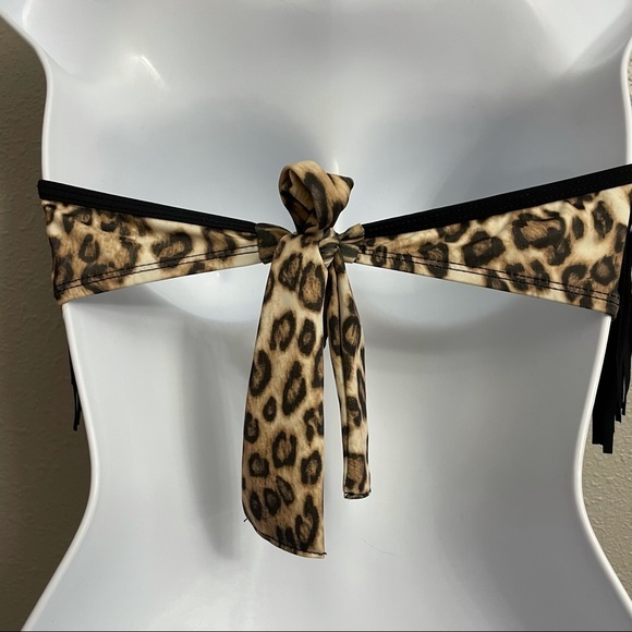 Guess Leopard Bandeau Bikini Top Only with Black Fringe Size Large - Picture 5 of 9